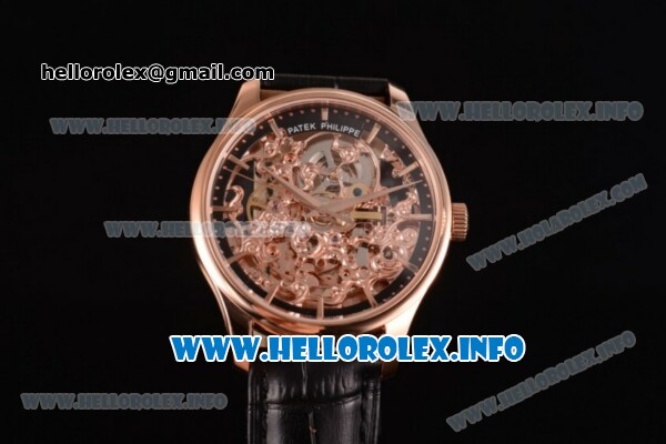 Patek Philippe Complicated Skeleton Asia Automatic Rose Gold Case with Skeleton Dial and Black Leather Strap (GF) - Click Image to Close